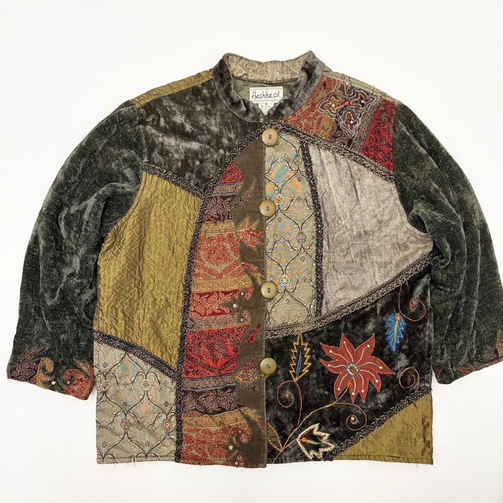 Flashback Vintage Patchwork Jacket Boho Velvet Embroidered Size M Green Multi